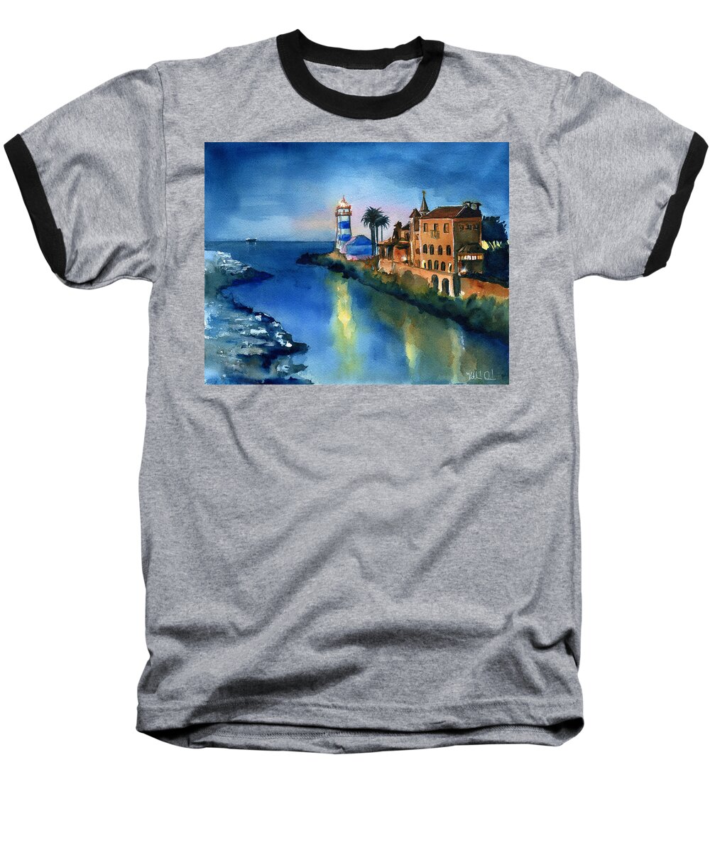 Portugal Baseball T-Shirt featuring the painting Nightfall in Cascais Portugal by Dora Hathazi Mendes
