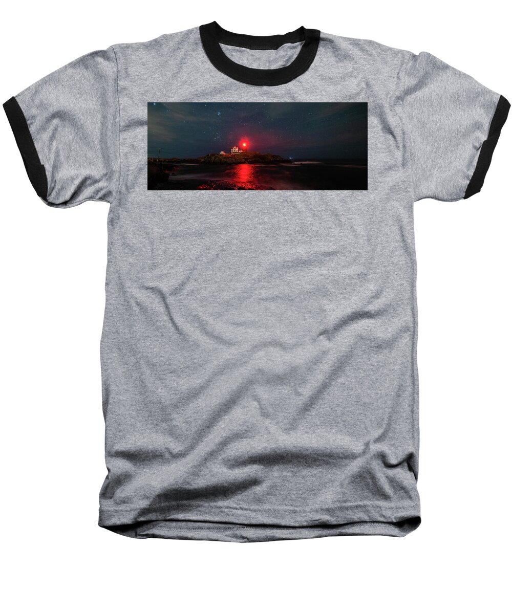 Lighthouse Baseball T-Shirt featuring the photograph Nubble at Night in Pano Format by Rod Best