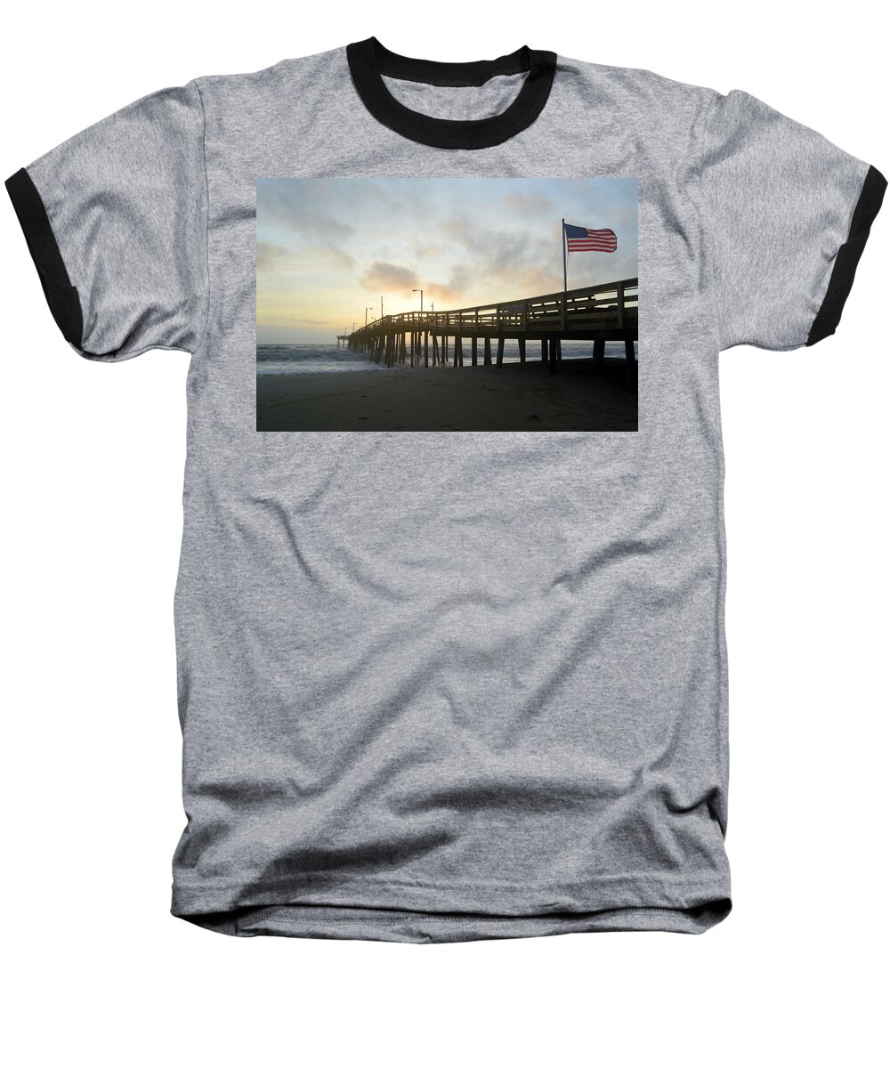 Nags Head Baseball T-Shirt featuring the photograph OBX Sunrise NH Fishing Pier by Barbara Ann Bell