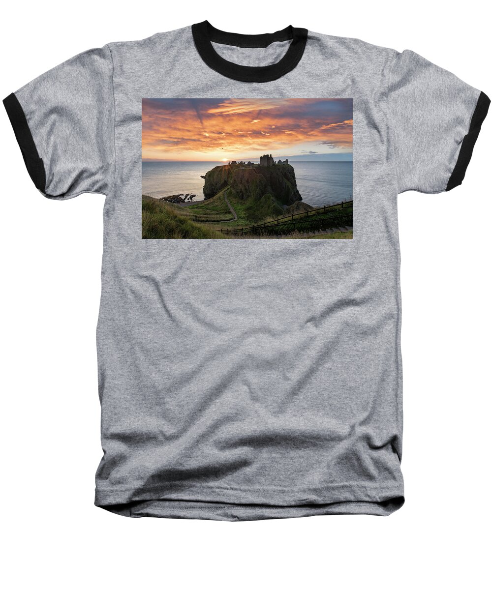 Dunnottar Baseball T-Shirt featuring the photograph October Sunrise over Dunnottar Castle by Veli Bariskan