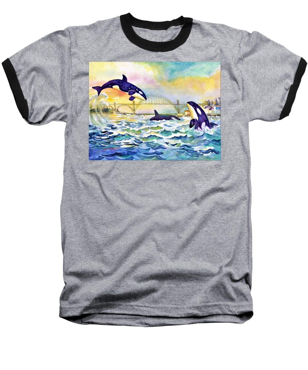 Orca Whales Baseball T-Shirt featuring the painting Orcas in Yaquina Bay by Ann Nicholson