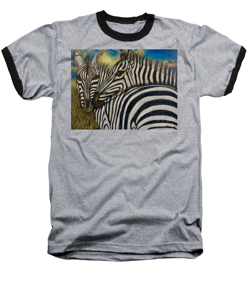 Nature Scene Zebra Paintings Two Zebras With Broad Black And White Stripes Nuzzling Each Other Around The Neck Side And Backside Views With Sunrise In Background And Grassy Savanna Animal Paintings Acrylic Paintings Baseball T-Shirt featuring the painting Our Stripes May Be Different But Our Hearts Beat As One by Kimberlee Baxter