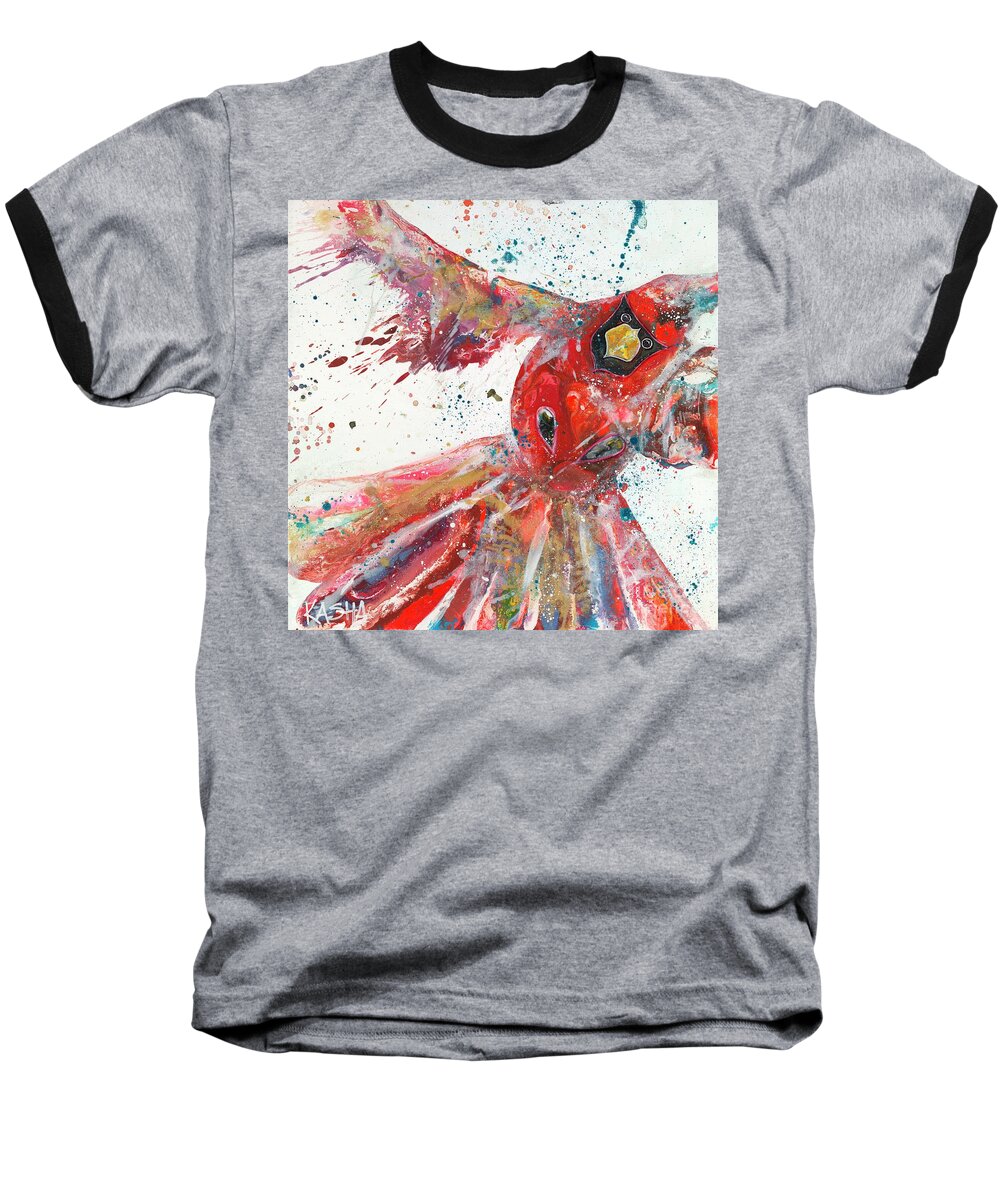 Red Cardinal Baseball T-Shirt featuring the painting Perch by Kasha Ritter