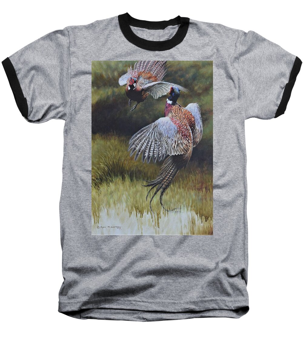 Wildlife Paintings Baseball T-Shirt featuring the painting Pheasants Fighting by Alan M Hunt