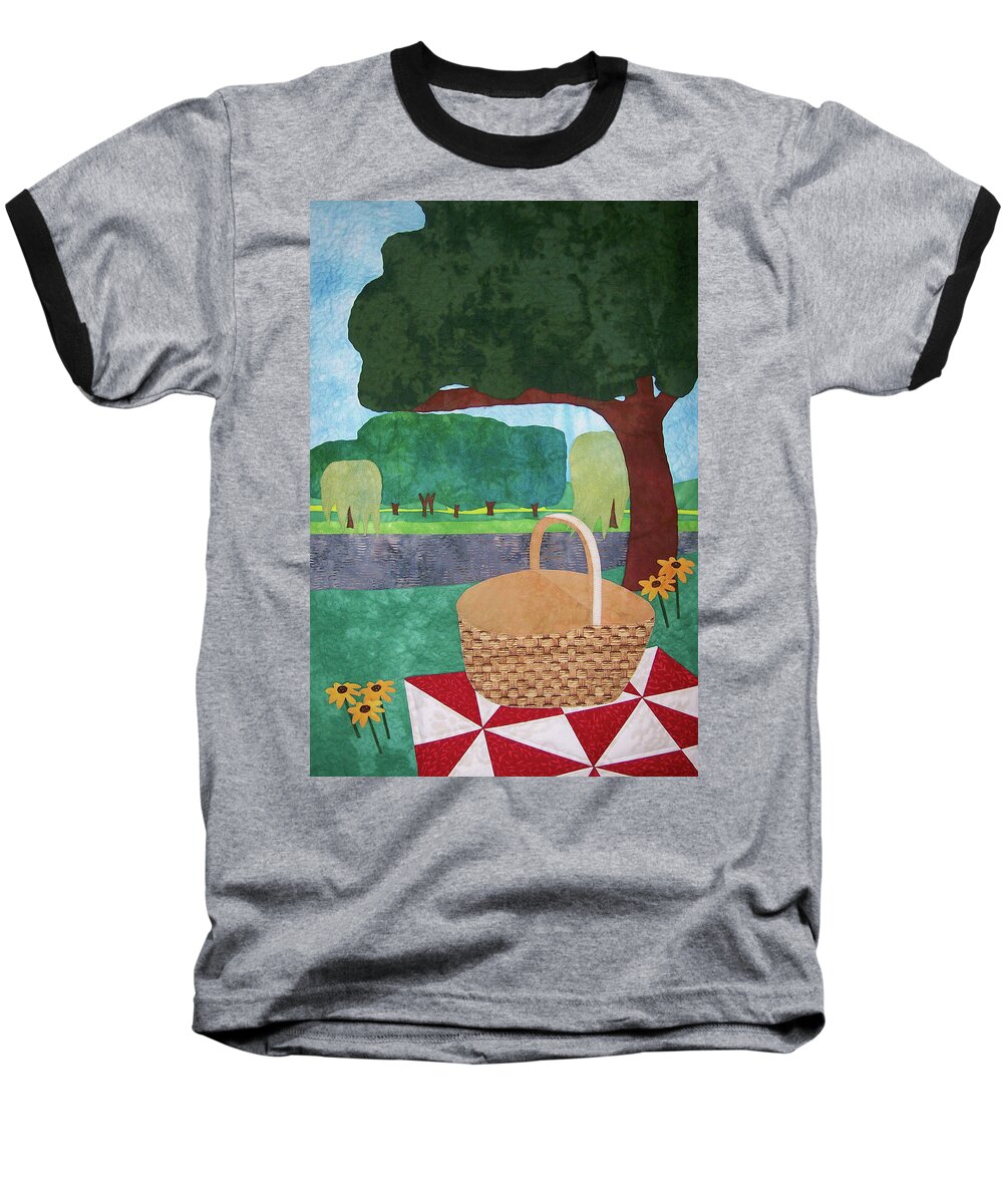 Art Quilt Baseball T-Shirt featuring the tapestry - textile Picnic at Ellis Pond by Pam Geisel