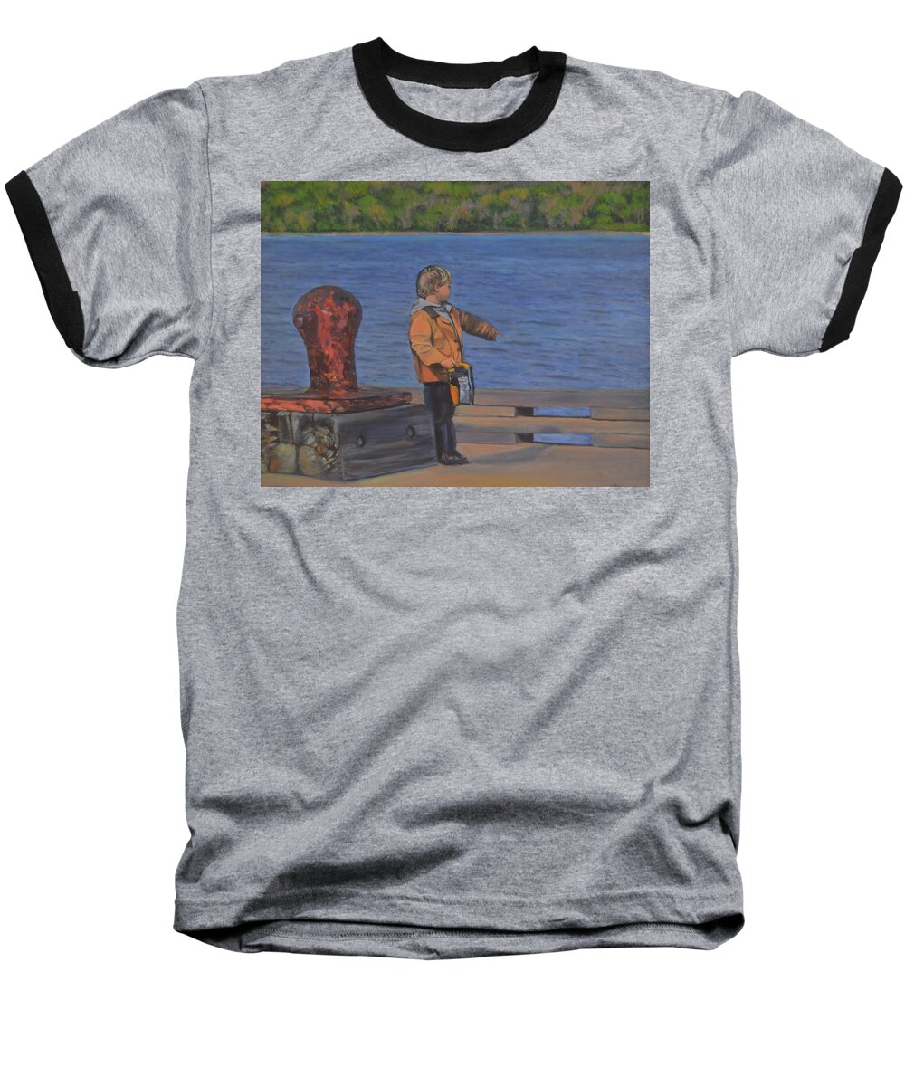 Piermont Pier Baseball T-Shirt featuring the painting Piermont Pier Boy by Beth Riso