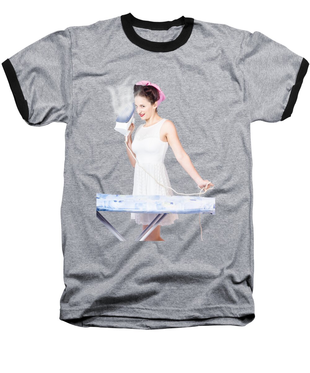 Cleaning Baseball T-Shirt featuring the photograph Pin up woman providing steam clean ironing service by Jorgo Photography