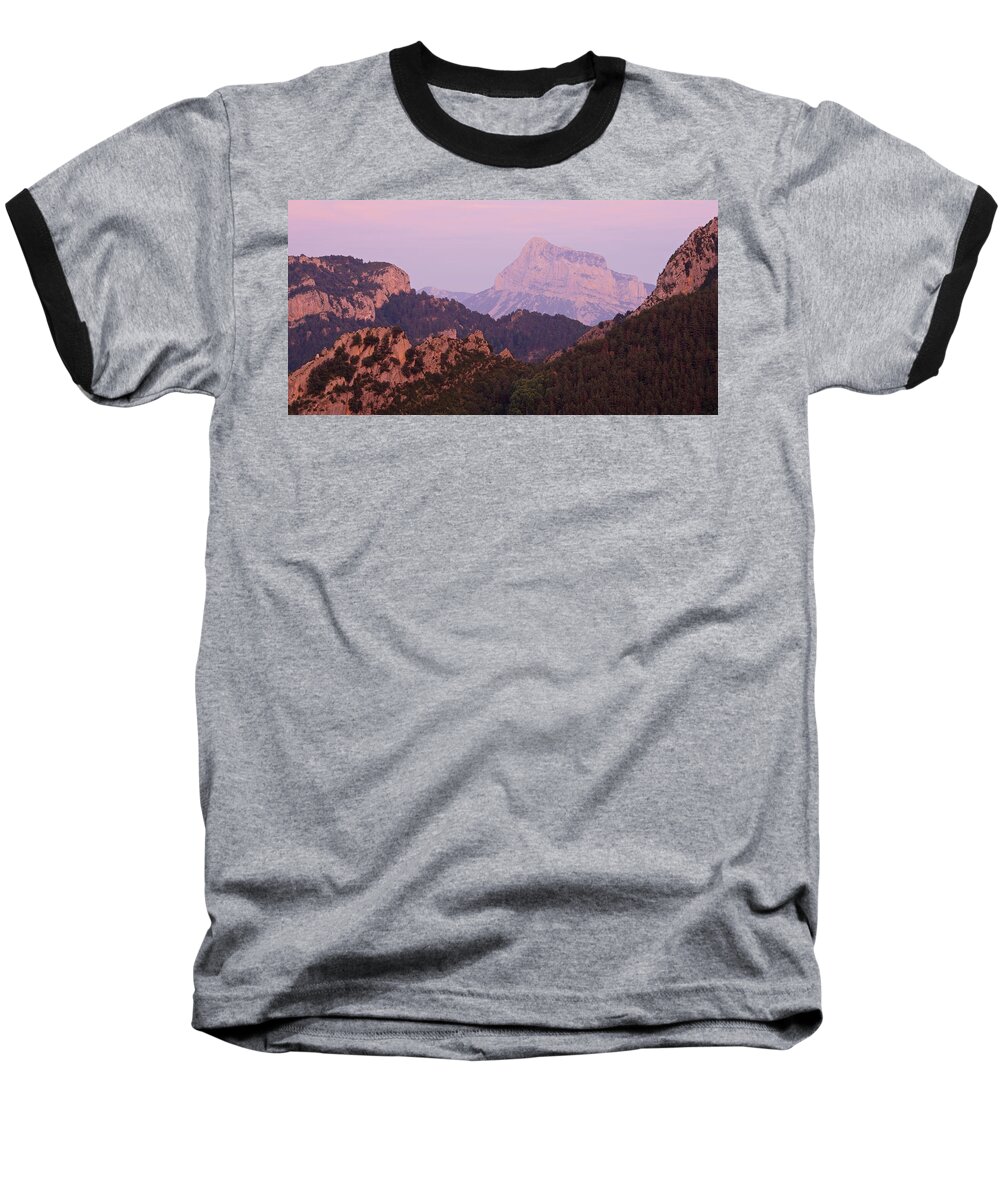 Pena Montanesa Baseball T-Shirt featuring the photograph Pink Skies and Alpen Glow in the Anisclo Canyon by Stephen Taylor