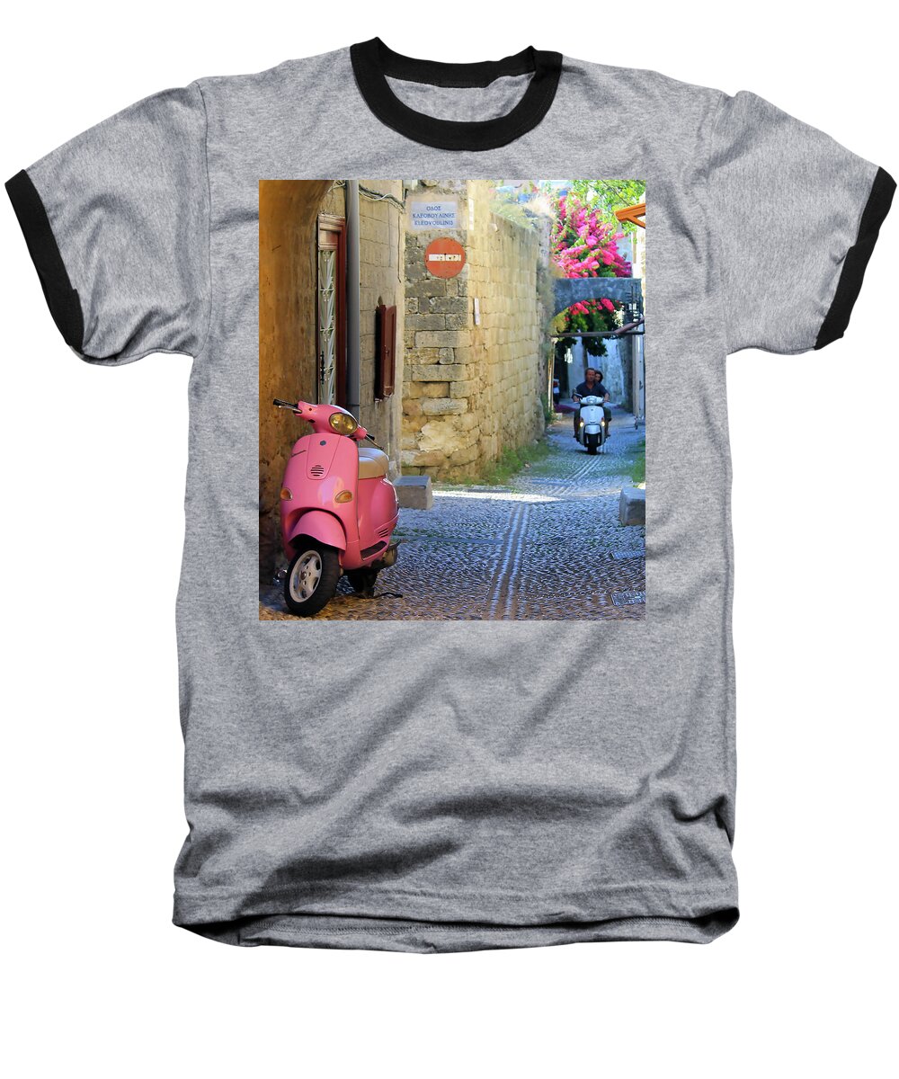 Vespa Baseball T-Shirt featuring the photograph Pink Vespa by Jonathan Thompson