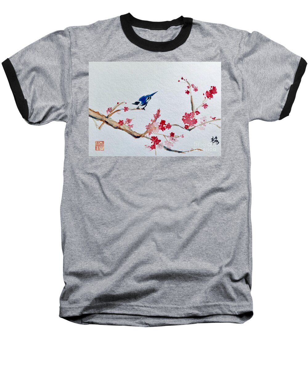 Chinese Brush Painting Of Mei Hua (plum Blossoms) And Blue Bird Baseball T-Shirt featuring the painting Plum Blossoms and Blue Bird by Lavender Liu