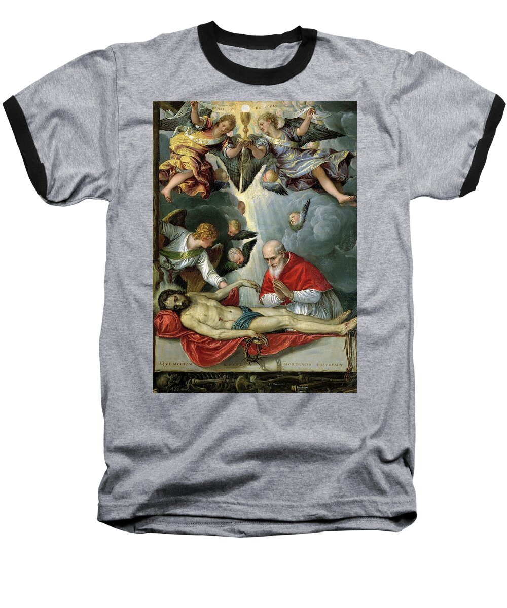 Parrasio Michele Baseball T-Shirt featuring the painting 'Pope Pius V worshipping the body of Christ', 1572-1575, Italian School, Oil o... by Parrasio Micheli -c 1515-1578-