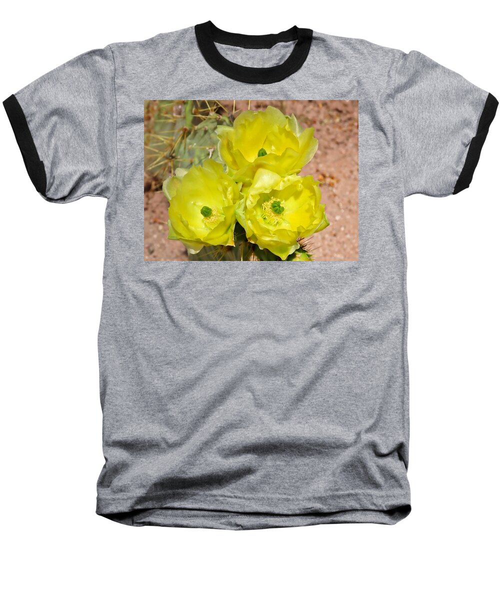 Arizona Baseball T-Shirt featuring the photograph Prickly Pear Cactus Trio Bloom by Judy Kennedy
