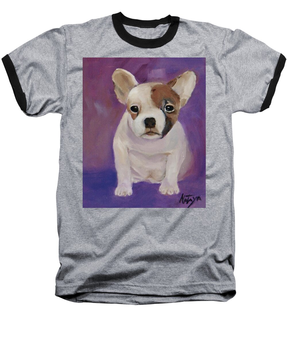 Boston Terrier Puppy Baseball T-Shirt featuring the painting Pure Sweetness by Nataya Crow
