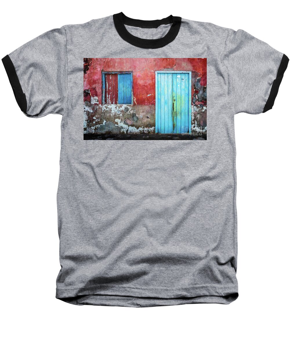 Wall Baseball T-Shirt featuring the photograph Red, blue and grey wall, door and window by Lyl Dil Creations