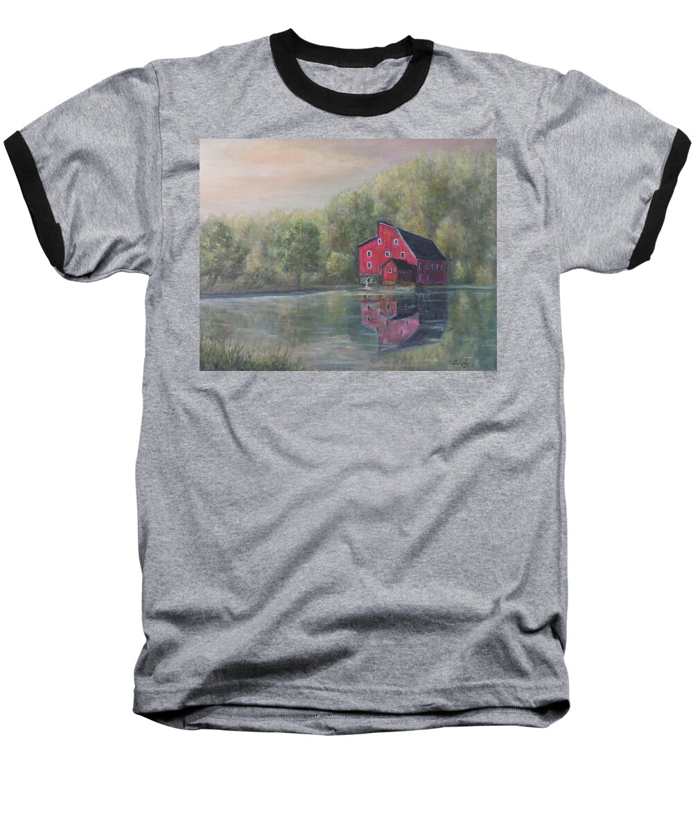 Red Barn Historic New Jersey Baseball T-Shirt featuring the painting Red Mill Clinton New Jersey by Katalin Luczay