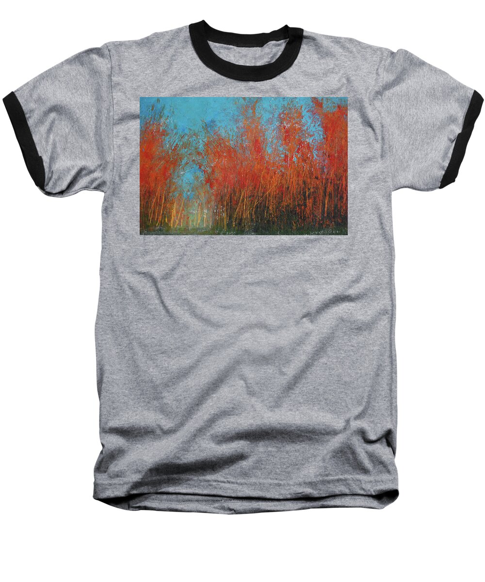 Red Baseball T-Shirt featuring the painting Red Trees In Autumn by Barbara J Blaisdell