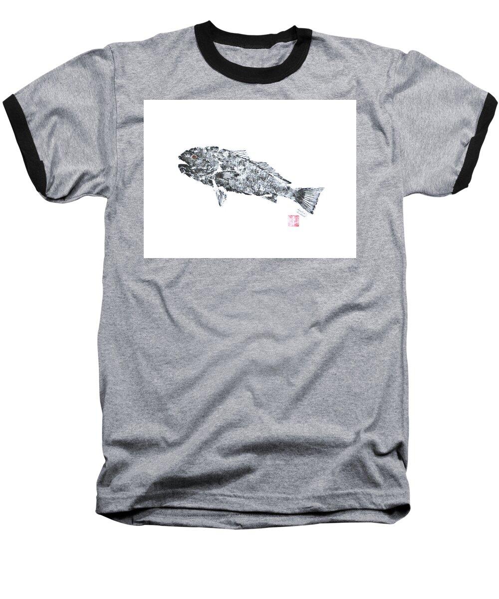 Fish Baseball T-Shirt featuring the painting Redfish Ascending - Black and White by Adrienne Dye