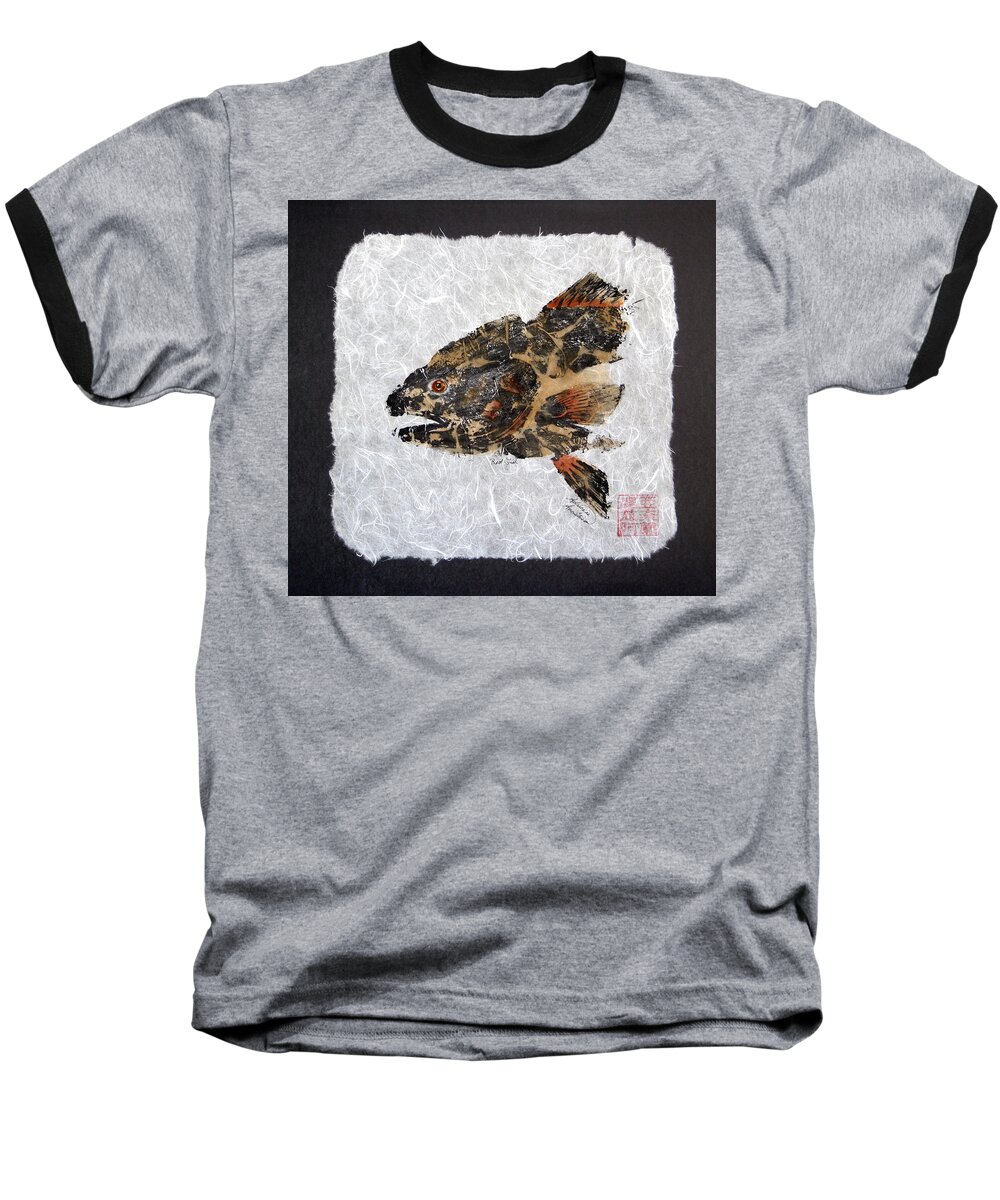 Fish Baseball T-Shirt featuring the painting Redfish Head with Border by Adrienne Dye