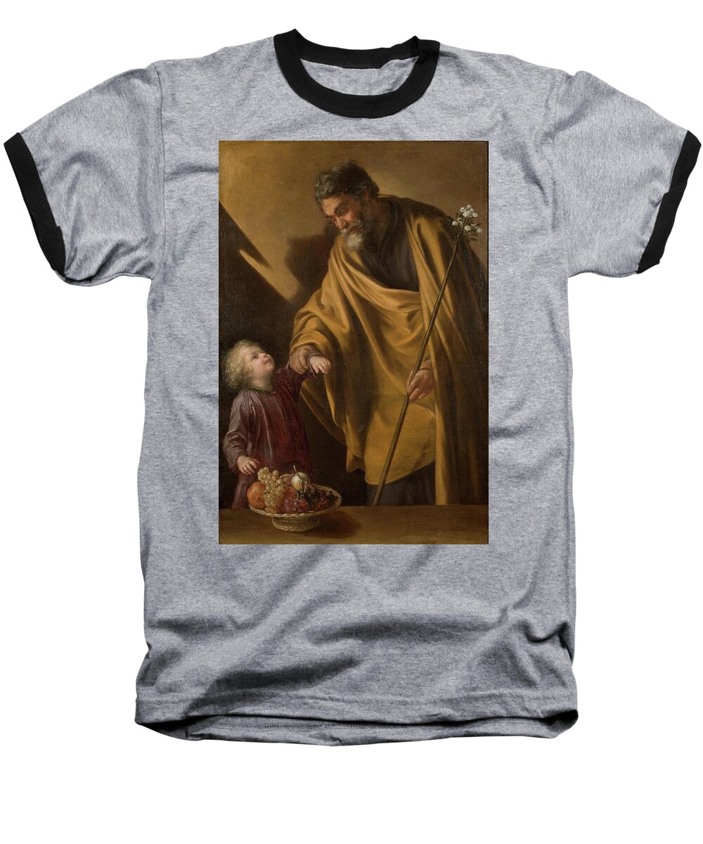 Saint Joseph Baseball T-Shirt featuring the painting 'Saint Joseph with the Christ Child'. Ca. 1650. Oil on canvas. by Sebastian Martinez