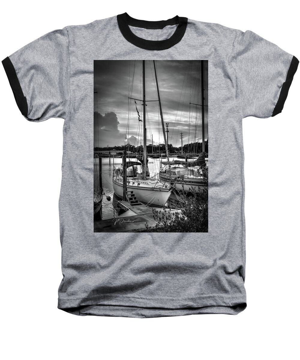 St Augustine Baseball T-Shirt featuring the photograph San Sebastian River Monochrome Sailboat Sunset by Joseph Desiderio