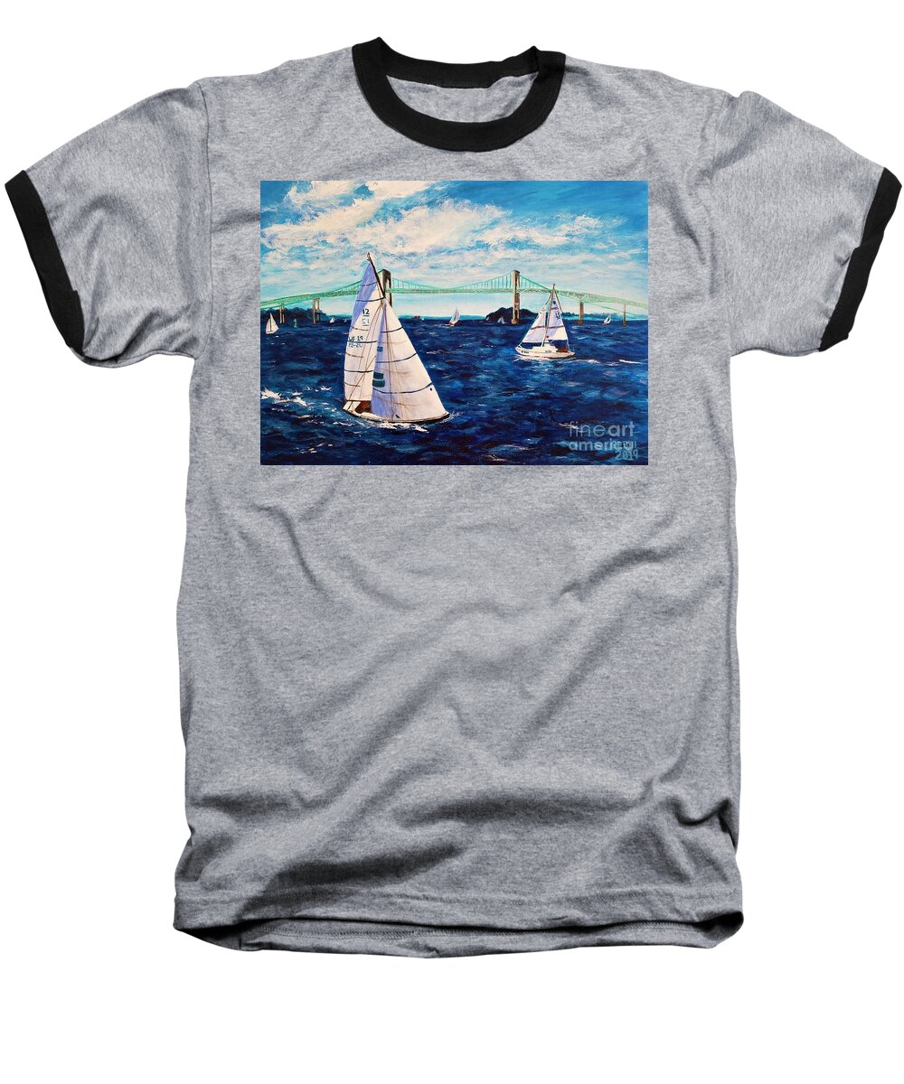 Newport Baseball T-Shirt featuring the painting Seilglede #1, Claiborne Pell Newport Bridge, Newport, Rhode Island by C E Dill