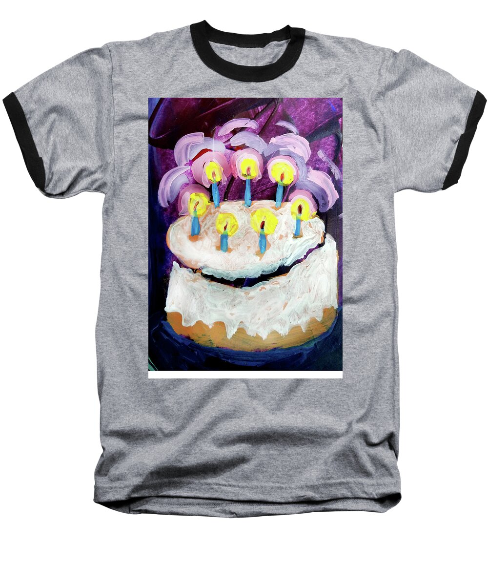 Candles Baseball T-Shirt featuring the painting Seven Candle Birthday Cake by Tilly Strauss
