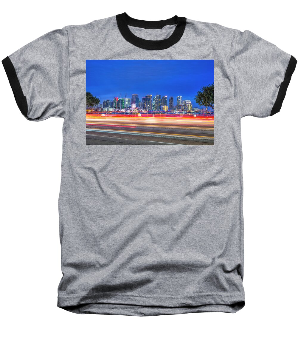 San Diego Baseball T-Shirt featuring the photograph San Diego Skyline Streaks by Joseph S Giacalone