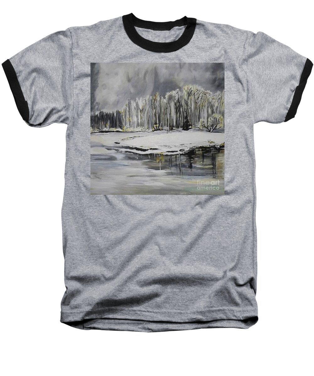Acrylic Landscape Baseball T-Shirt featuring the painting Snow Trees by Denise Morgan