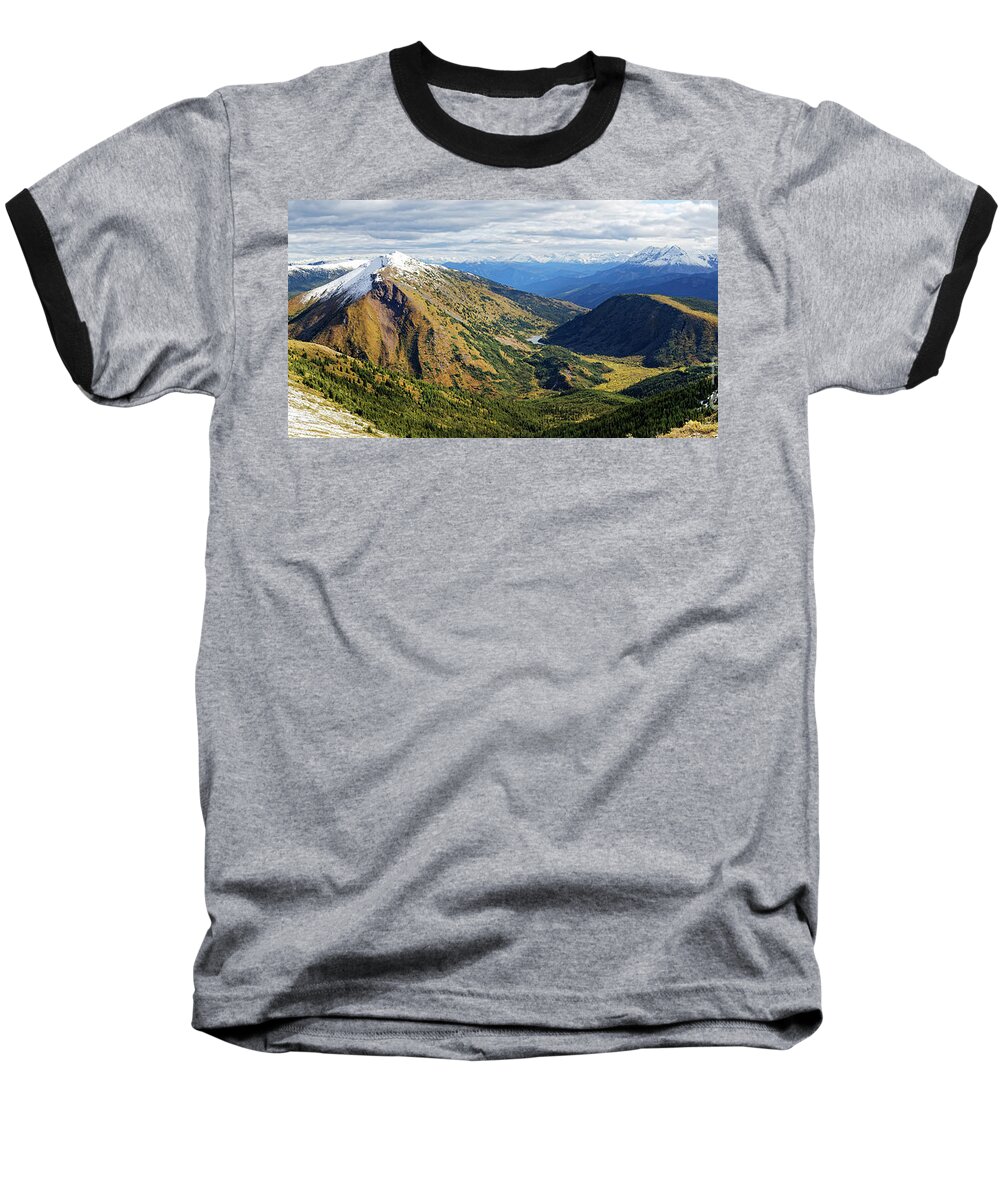 Scenic View Baseball T-Shirt featuring the photograph Snowcapped Mountains Panorama Mountain Range Trees Forest Valley Tall Rolling Hills Snow Steep Wide by Robert C Paulson Jr