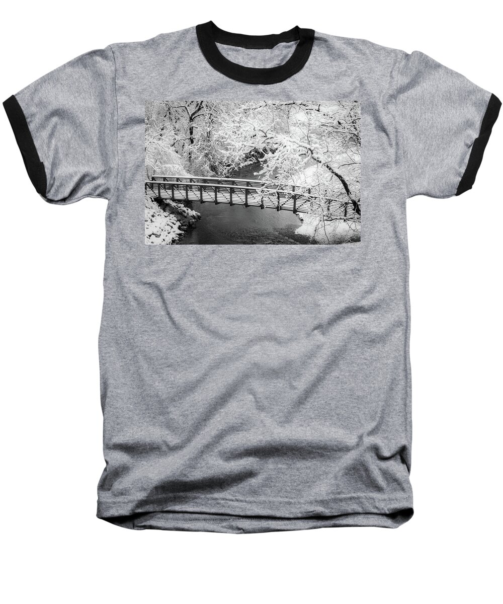Johnson County Baseball T-Shirt featuring the photograph Snowy Bridge On Mill Creek by Jeff Phillippi