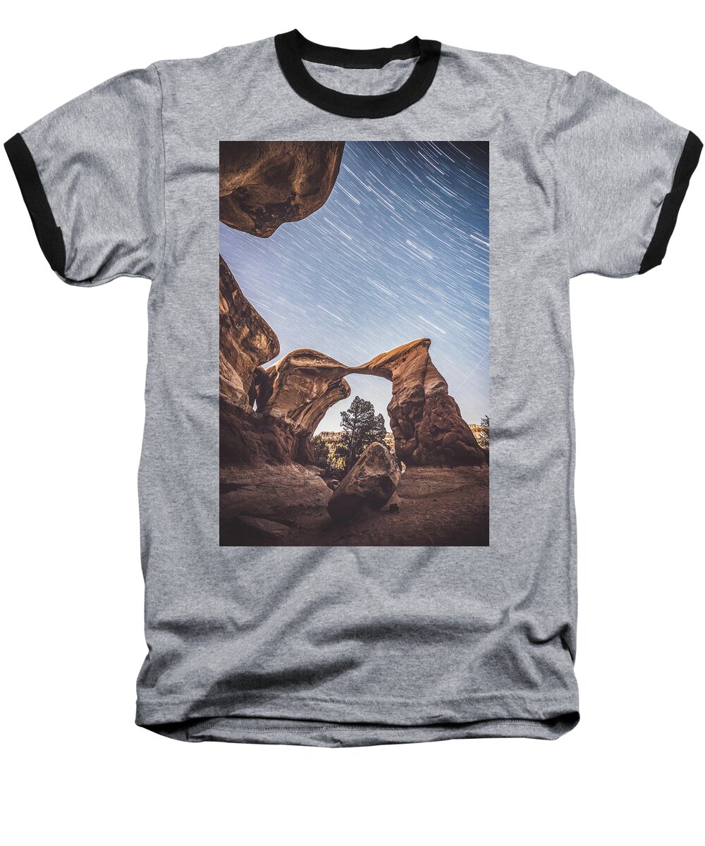 Devil's Garden Baseball T-Shirt featuring the photograph Star trails over Metate Arch by Mati Krimerman