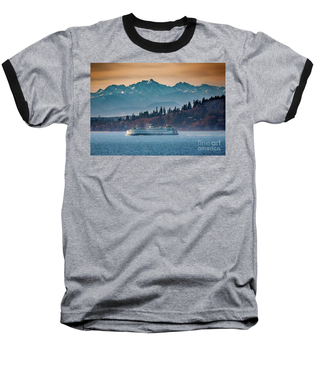 Seattle Baseball T-Shirt featuring the photograph State Ferry and the Olympics by Inge Johnsson