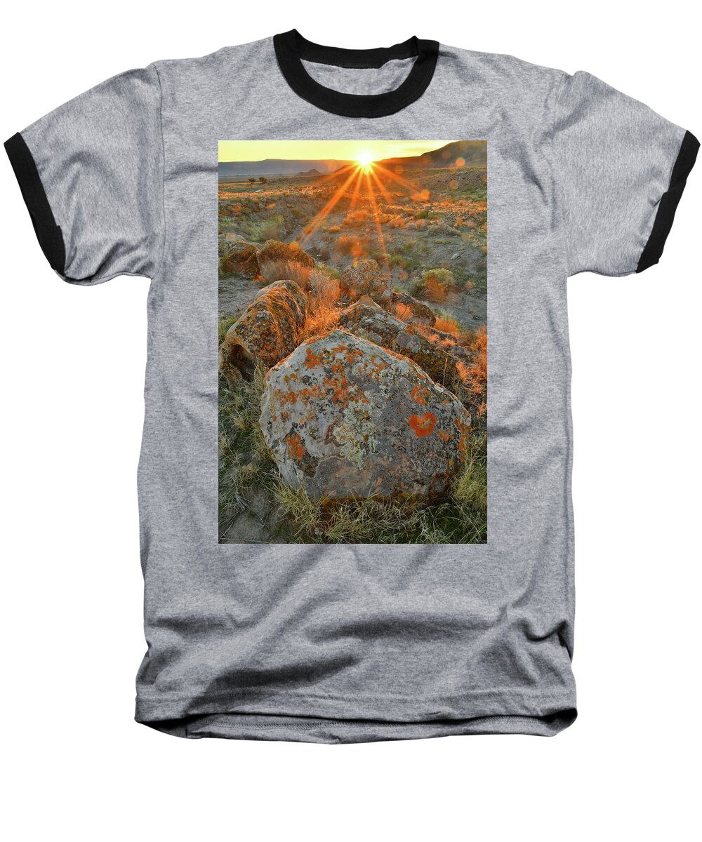 Book Cliffs Baseball T-Shirt featuring the photograph Sun Sets on Book Cliff Boulders by Ray Mathis
