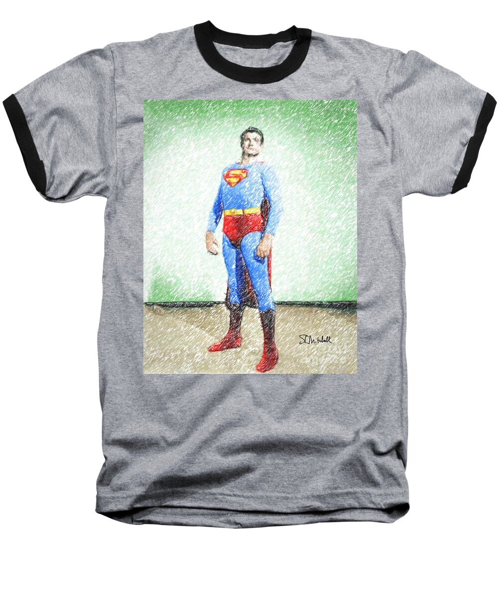 Superman Baseball T-Shirt featuring the drawing Superman by Stephen Mitchell