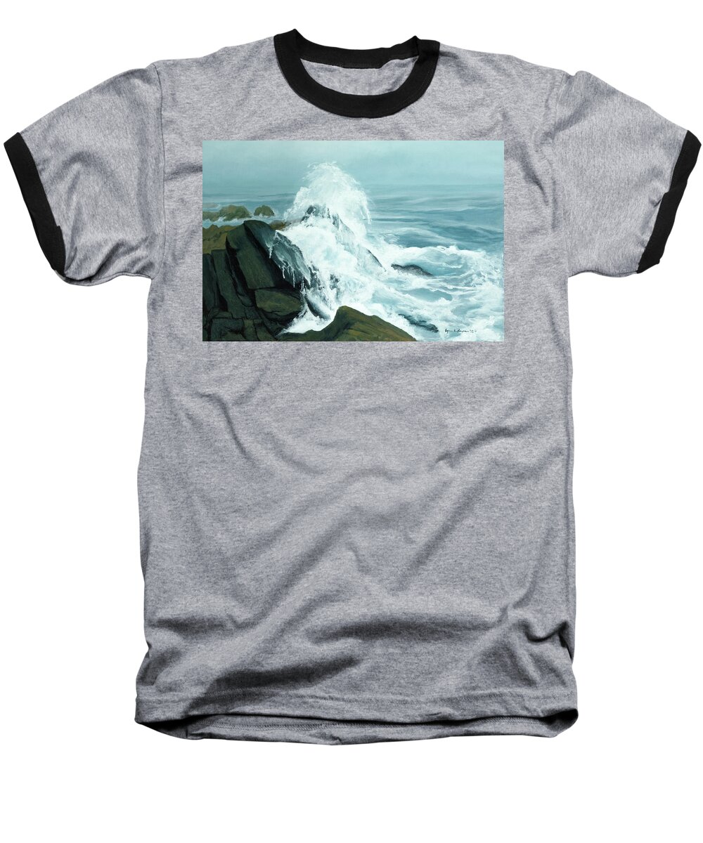 Seascape Baseball T-Shirt featuring the painting Surging Waves Break on Rocks by Lynn Hansen