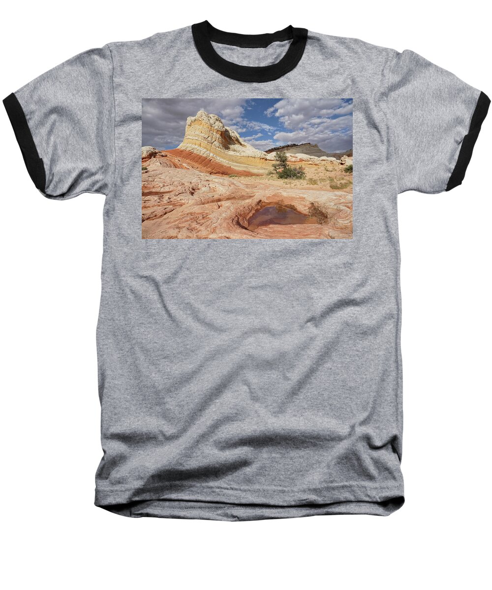 White Pocket Baseball T-Shirt featuring the photograph Sweeping Structures in Sandstone by Leda Robertson