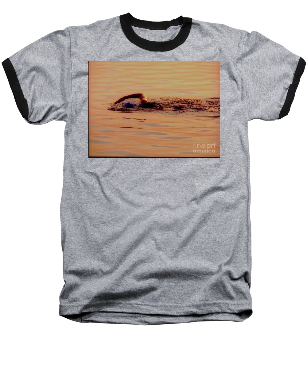 Chicago Baseball T-Shirt featuring the photograph Swimmer 1 Chicago Triathlon swimmer at sunrise Lake Michigan by Tom Jelen