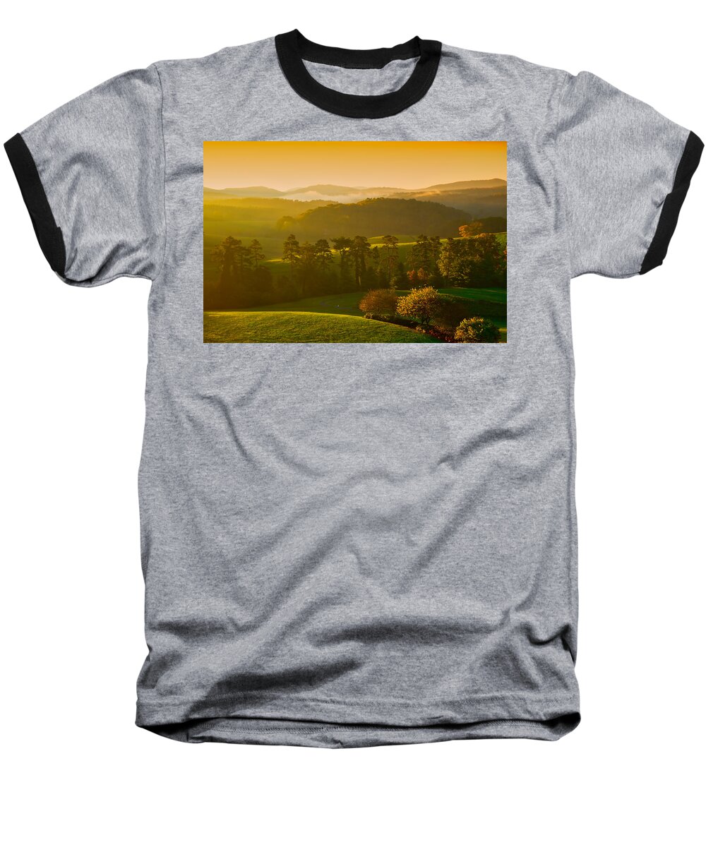 Dawn's Gentle Rays Lightly Brush The Rolling Hills Of The Asmokey Mountains Baseball T-Shirt featuring the photograph Smokey Mountain Sunrise by Tom Gresham