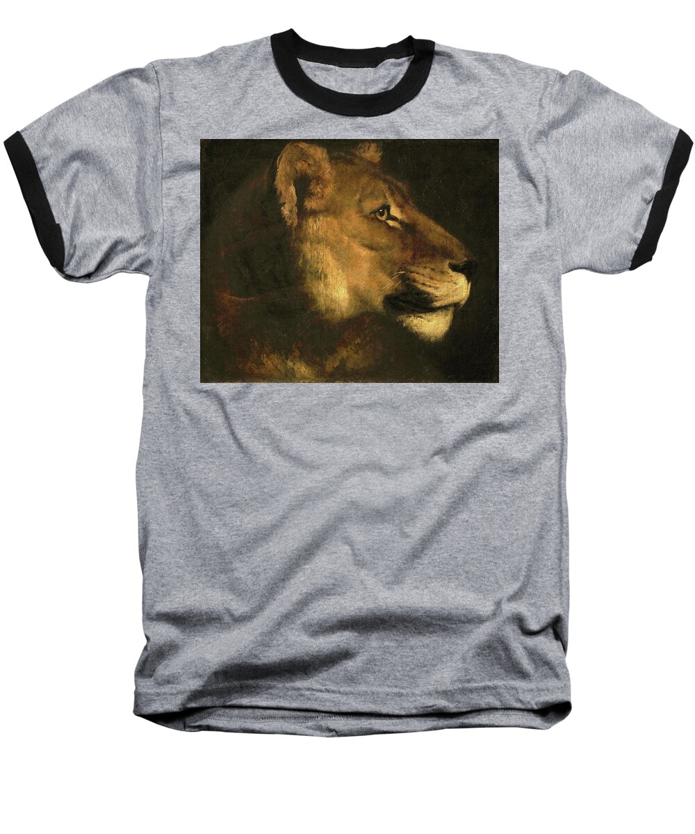 Theodore Gericault Baseball T-Shirt featuring the painting Tete de lionne. Head of a lioness. Canvas, 55 x 65 cm M.N.R.137. by Theodore Gericault -1791-1824-