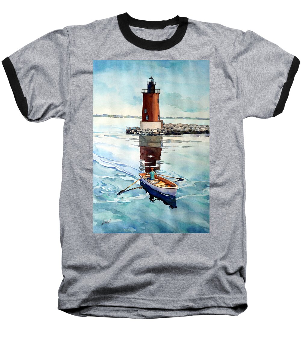 #watercolor #watercolorpainting #delaware #delawarebay #ral #capehenlopen #lighthouse #art #artistsoninstagram #boat #landscape #painting #rowing #rehobothbeach #water Baseball T-Shirt featuring the painting The Lighthouse Keeper by Mick Williams