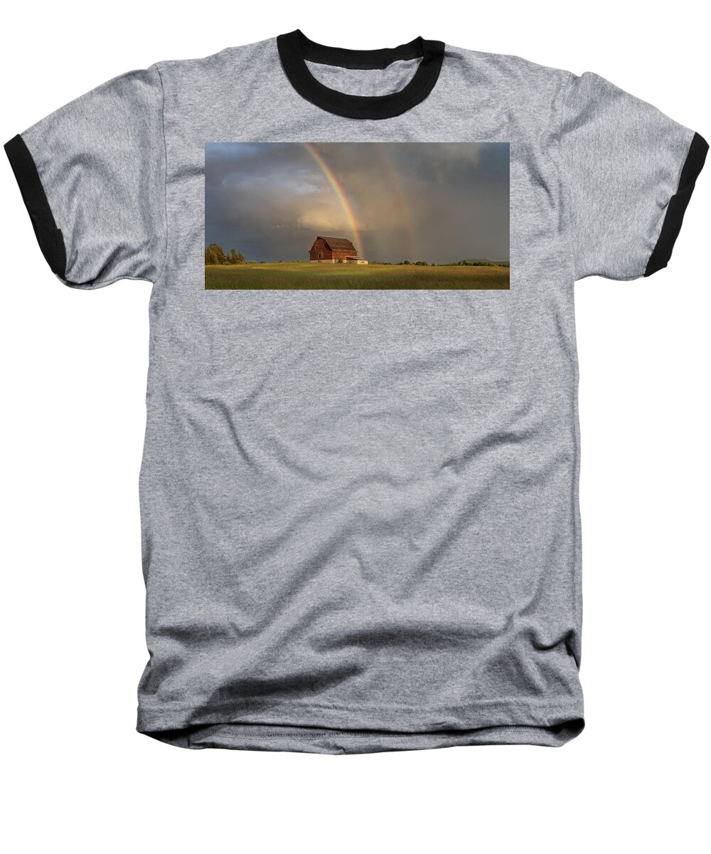 Abandoned Baseball T-Shirt featuring the photograph The Red Barn and a Rainbow by Jakub Sisak