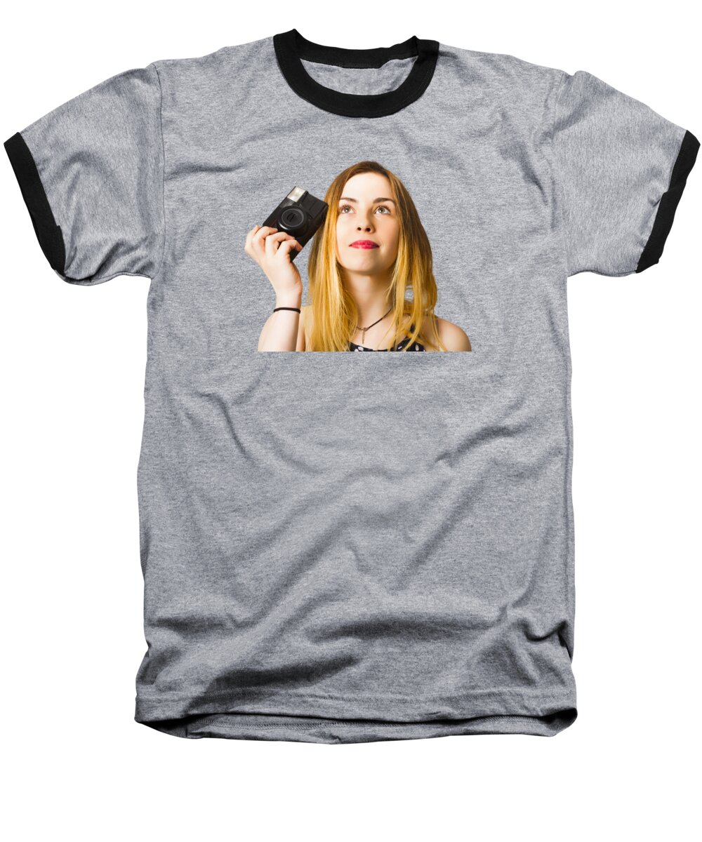 Photo Baseball T-Shirt featuring the photograph Thinking photographer girl by Jorgo Photography