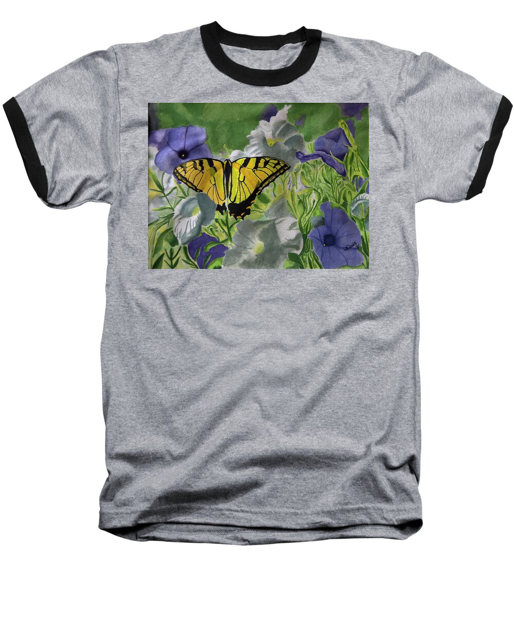 Tiger Swallowtail Baseball T-Shirt featuring the painting Tiger and Morning Glory by Wade Clark