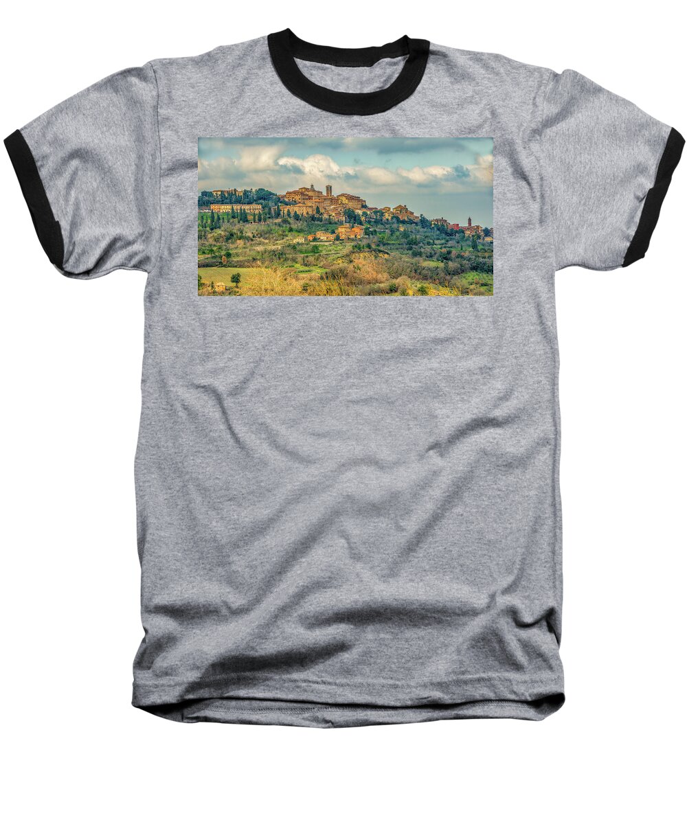 Montepulciano Baseball T-Shirt featuring the photograph Tuscan Hill Town by Marcy Wielfaert
