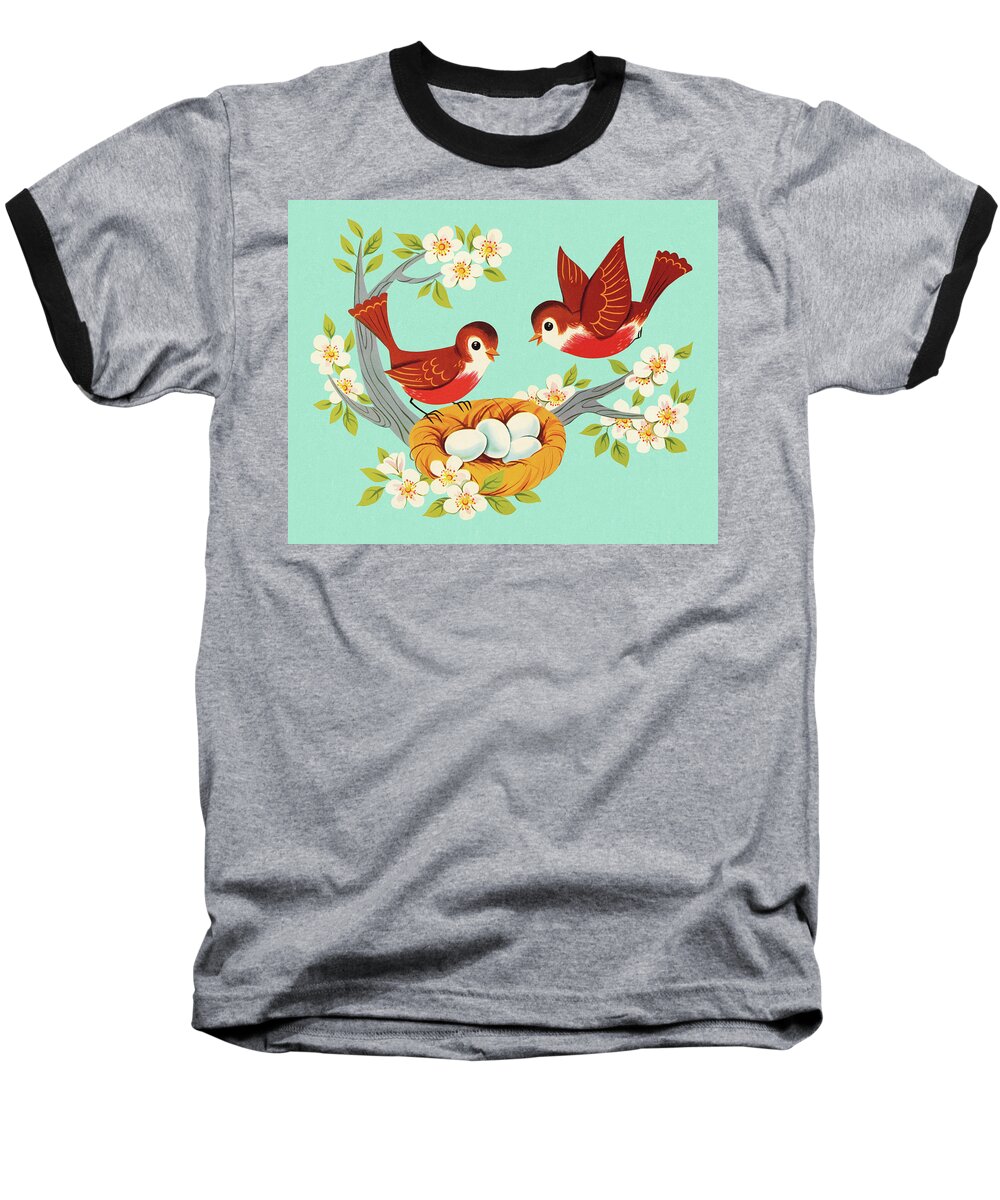 Animal Baseball T-Shirt featuring the drawing Two Robins and A Nest by CSA Images