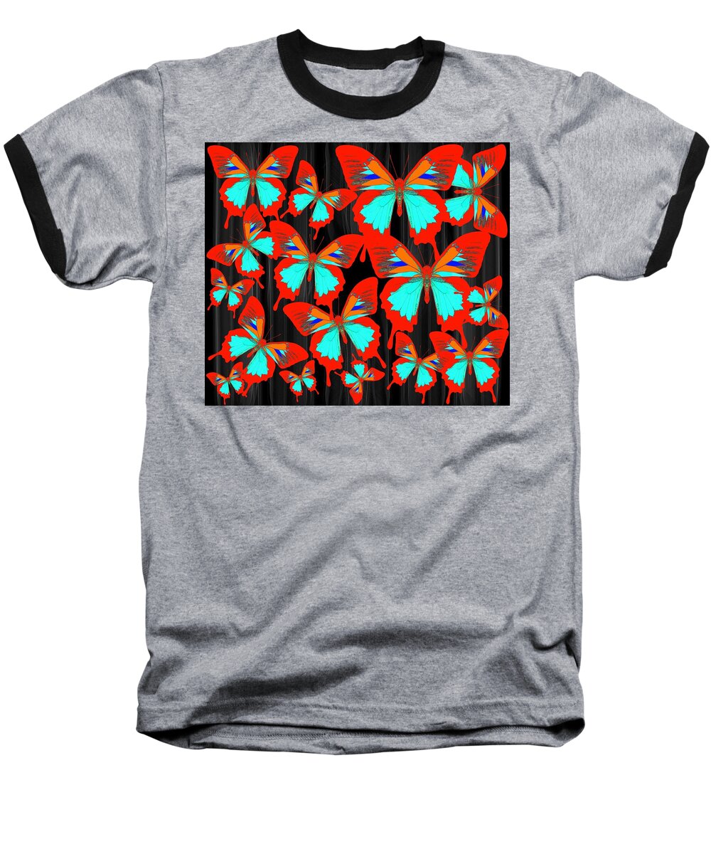 Ulysses Butterfly Baseball T-Shirt featuring the drawing Ulysses Multi Red by Joan Stratton