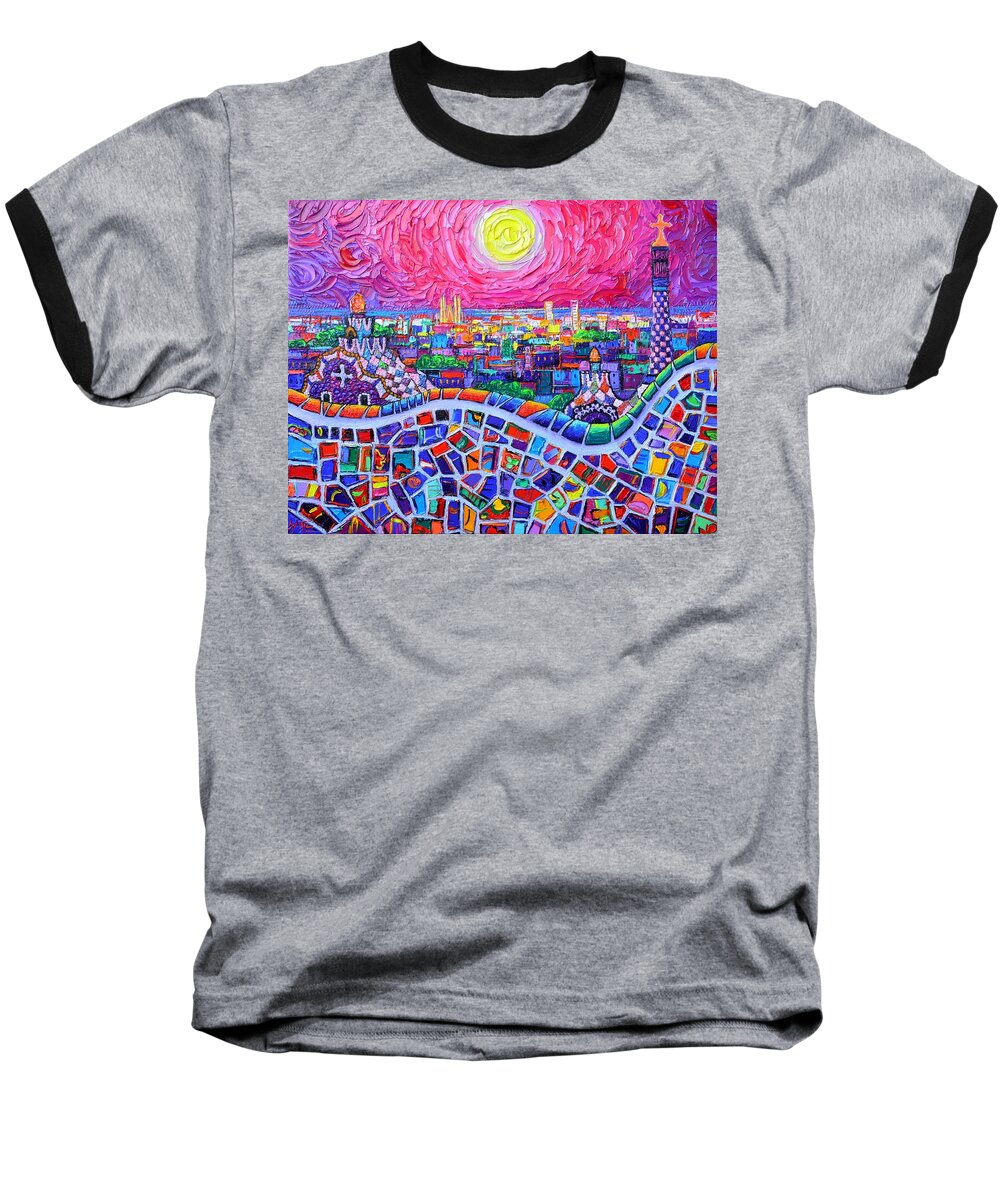 Barcelona Baseball T-Shirt featuring the painting VIBRANT BARCELONA NIGHT VIEW FROM PARK GUELL modern impressionism knife painting Ana Maria Edulescu by Ana Maria Edulescu