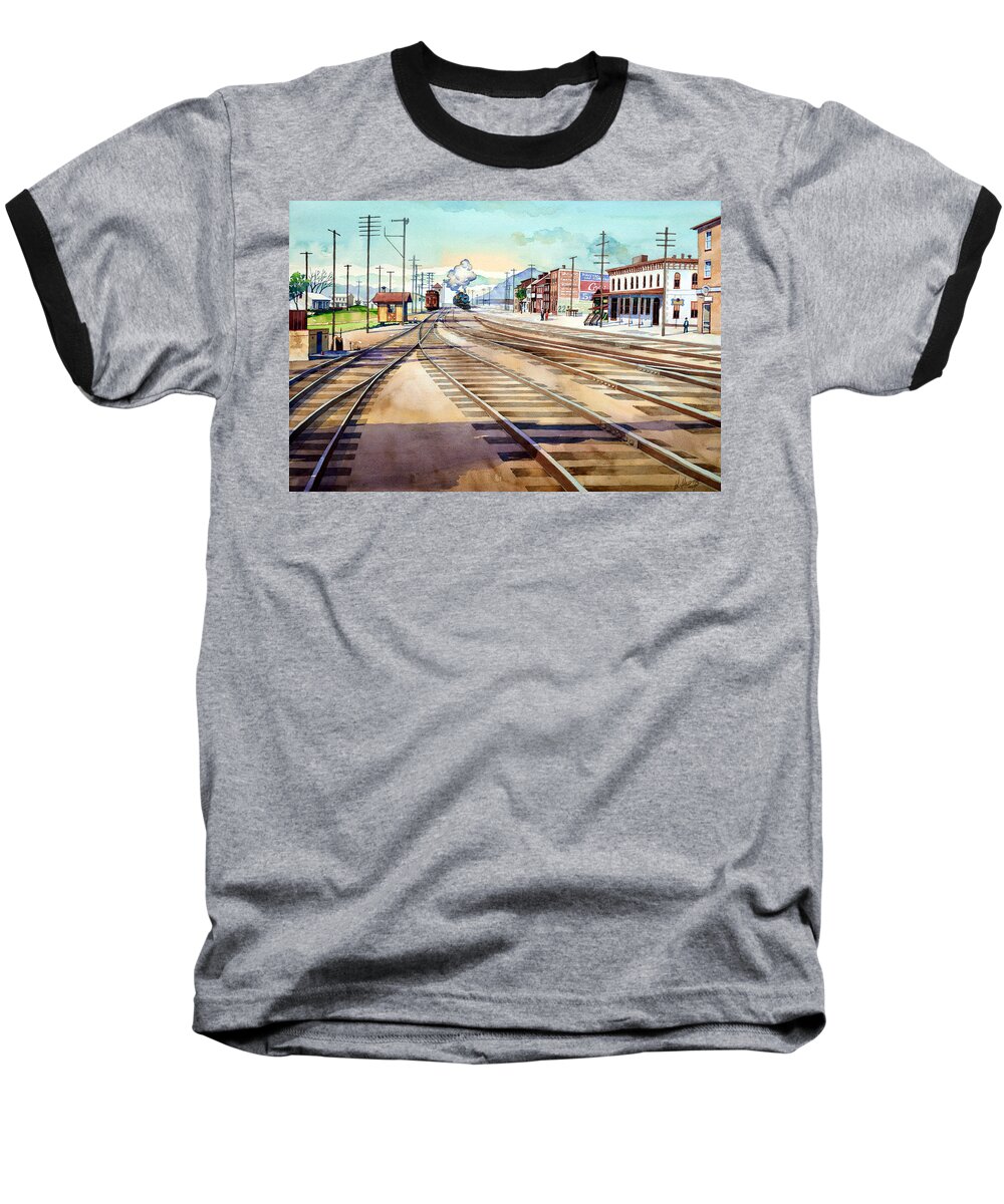 Vintage Baseball T-Shirt featuring the painting Vintage Color Columbia Rail Yards by Mick Williams