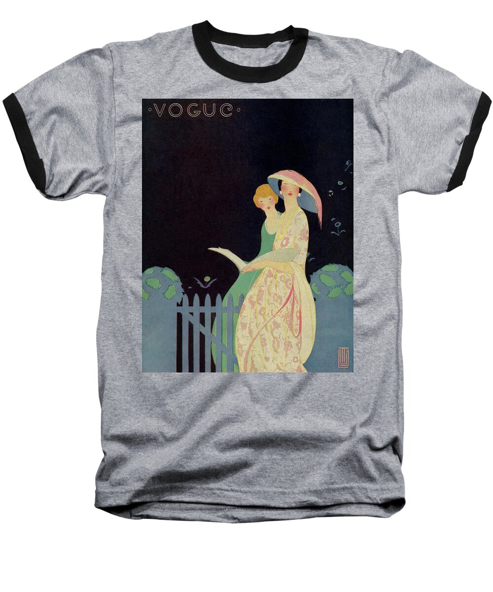 #new2022vogue Baseball T-Shirt featuring the painting Vintage Vogue Cover Of Two Women On Either Side by Alice de Warenne Little