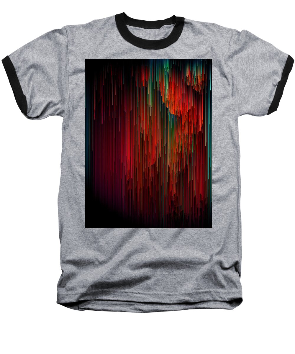 Glitch Baseball T-Shirt featuring the digital art Volcanic Glitches - Abstract Pixel Art by Jennifer Walsh